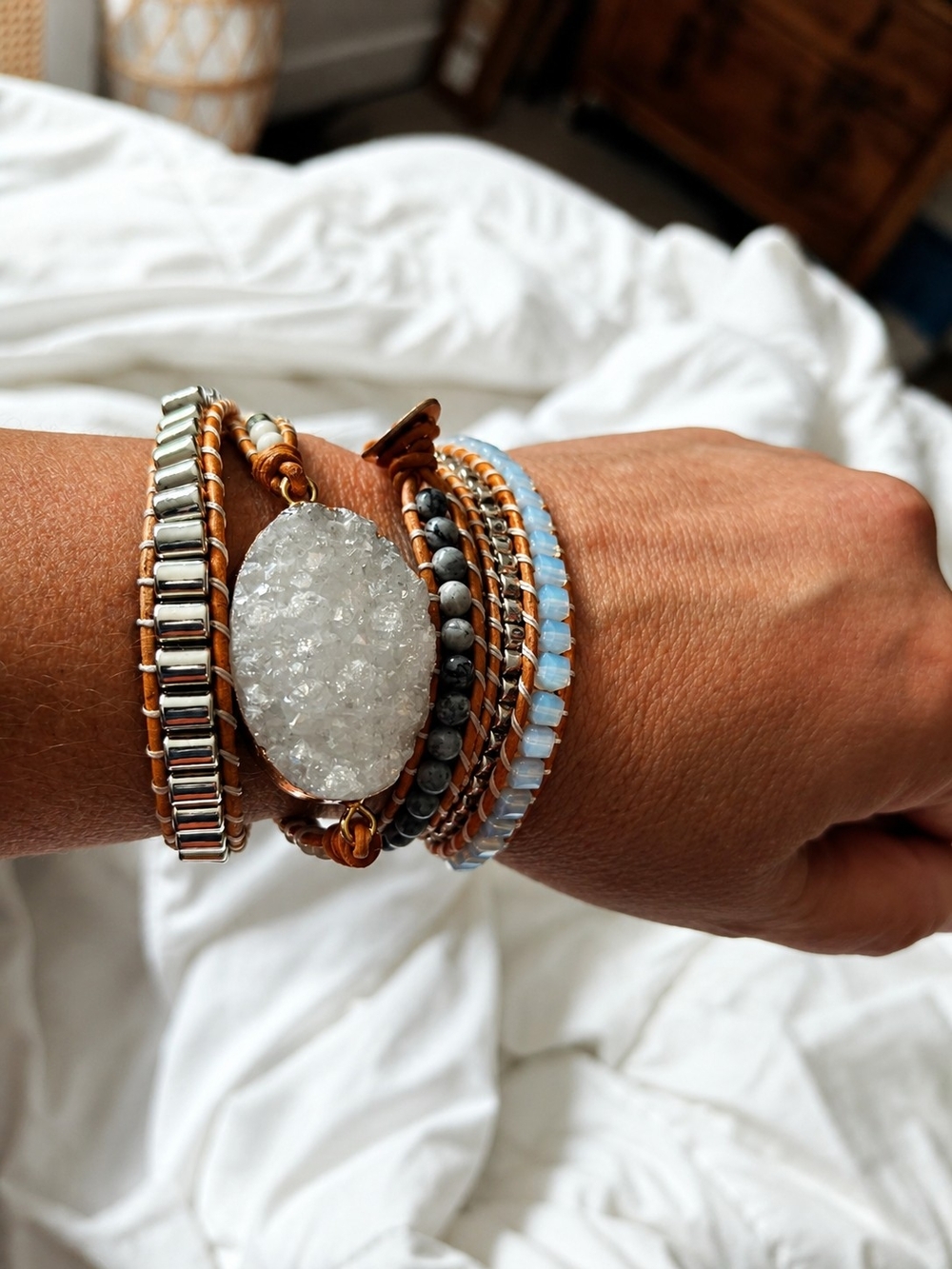 Handcrafted White Druzy & Blue Bead Multi-Strand Wrap Bracelet